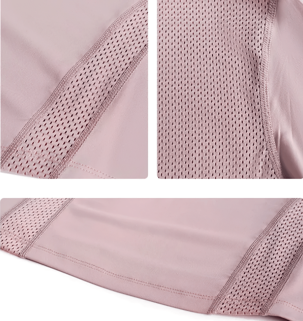 Alt Tag: Female Back Mesh Quick Dry Running T-Shirt - SF4491 close-up of breathable back mesh panels and hem stitching