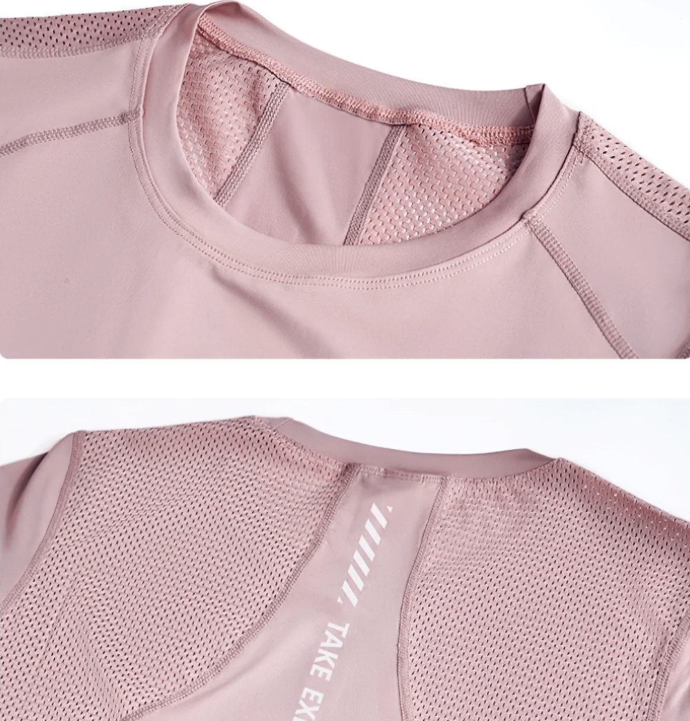 Alt Tag: Female Back Mesh Quick Dry Running T-Shirt - SF4491 close-up of back mesh panel and neckline, breathable quick-dry detail