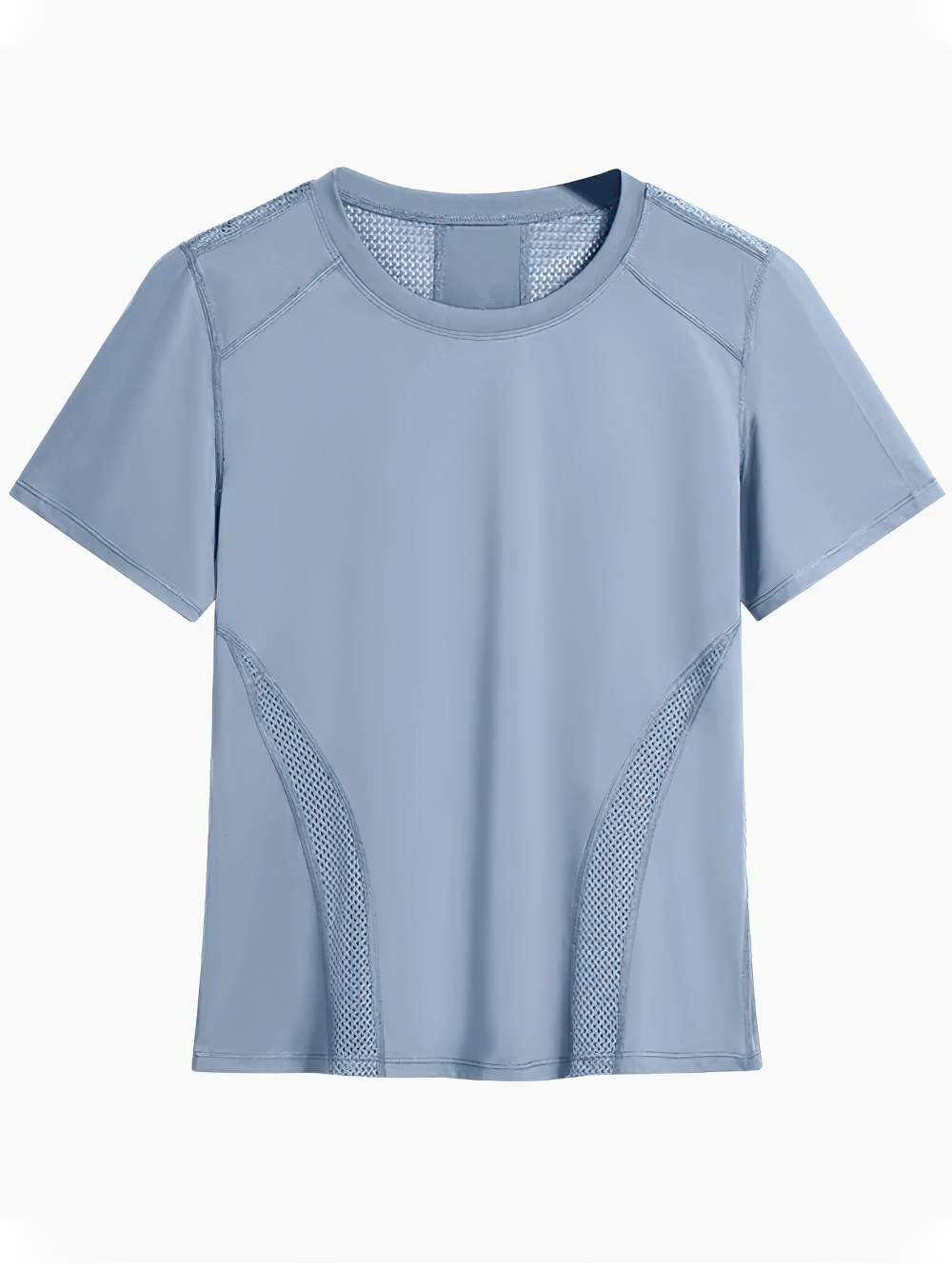 Alt Tag: Female Back Mesh Quick Dry Running T-Shirt - SF4491 light blue short sleeve athletic top with breathable mesh panels