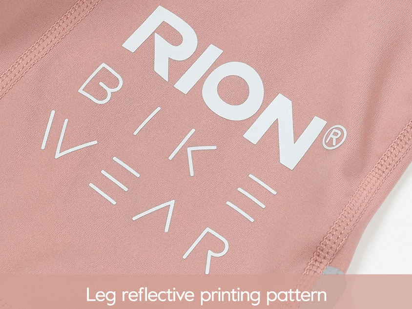 Alt Tag: Women's cycling bib shorts with RION logo, featuring leg reflective printing pattern for enhanced visibility on rides.