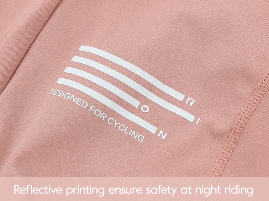 Reflective printing for night cycling safety on women's bib shorts.