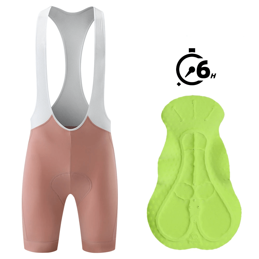 Women's padded cycling bib shorts in pink with 6-hour comfort pad, ideal for long-distance rides.