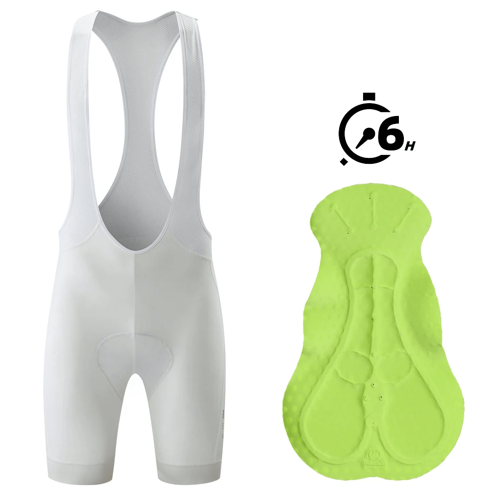 Women's white cycling bib shorts with green padded insert, suitable for long-distance road biking and MTB, featuring quick-dry fabric.