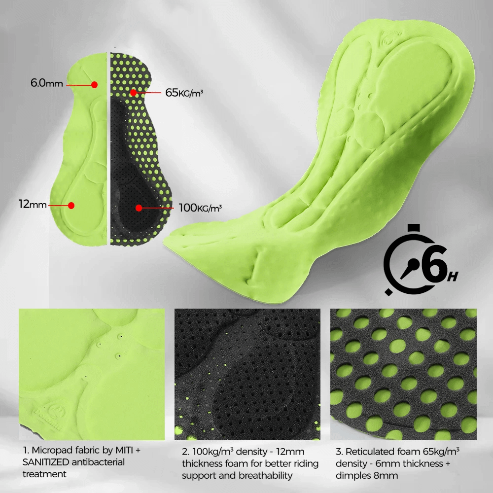 High-density green cycling bib shorts pad with antibacterial treatment, designed for optimal comfort and breathability on long rides.