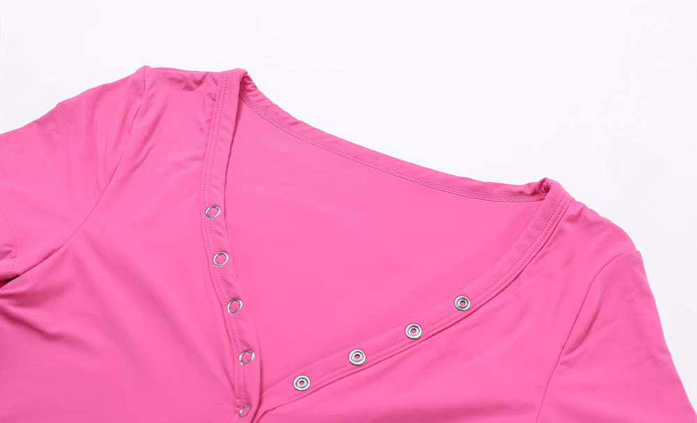 Pink short sleeve V-neck button t-shirt for yoga and fitness, breathable fabric with a stylish design, ideal for active workouts.