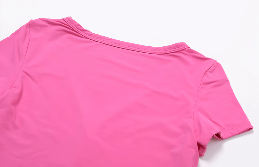 Pink short sleeve V-neck yoga T-shirt for women, showcasing breathable quick-dry fabric, perfect for fitness and active workouts.