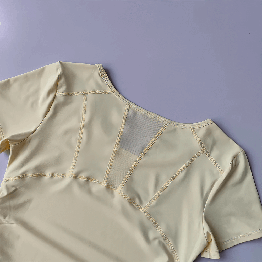 Alt Tag: Female Breathable Mesh Back Short Sleeve T-Shirt - SF4376 ivory yoga training tee with breathable mesh back panel