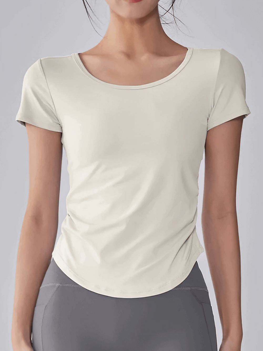Alt Tag: Female Breathable Mesh Back Short Sleeve T-Shirt - SF4376 women's lightweight yoga training top with scoop neck, short sleeves, ivory
