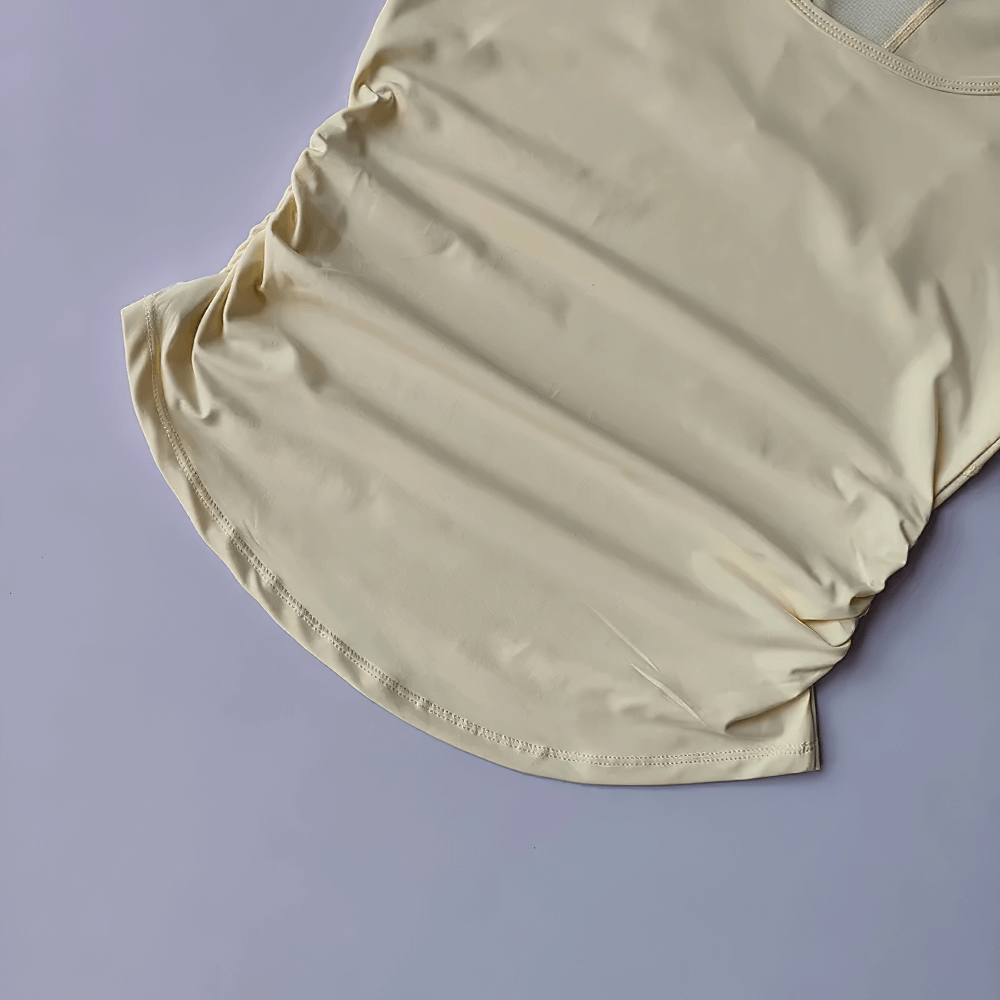 Alt Tag: Female Breathable Mesh Back Short Sleeve T-Shirt - SF4376 butter yellow yoga training top with side ruching detail