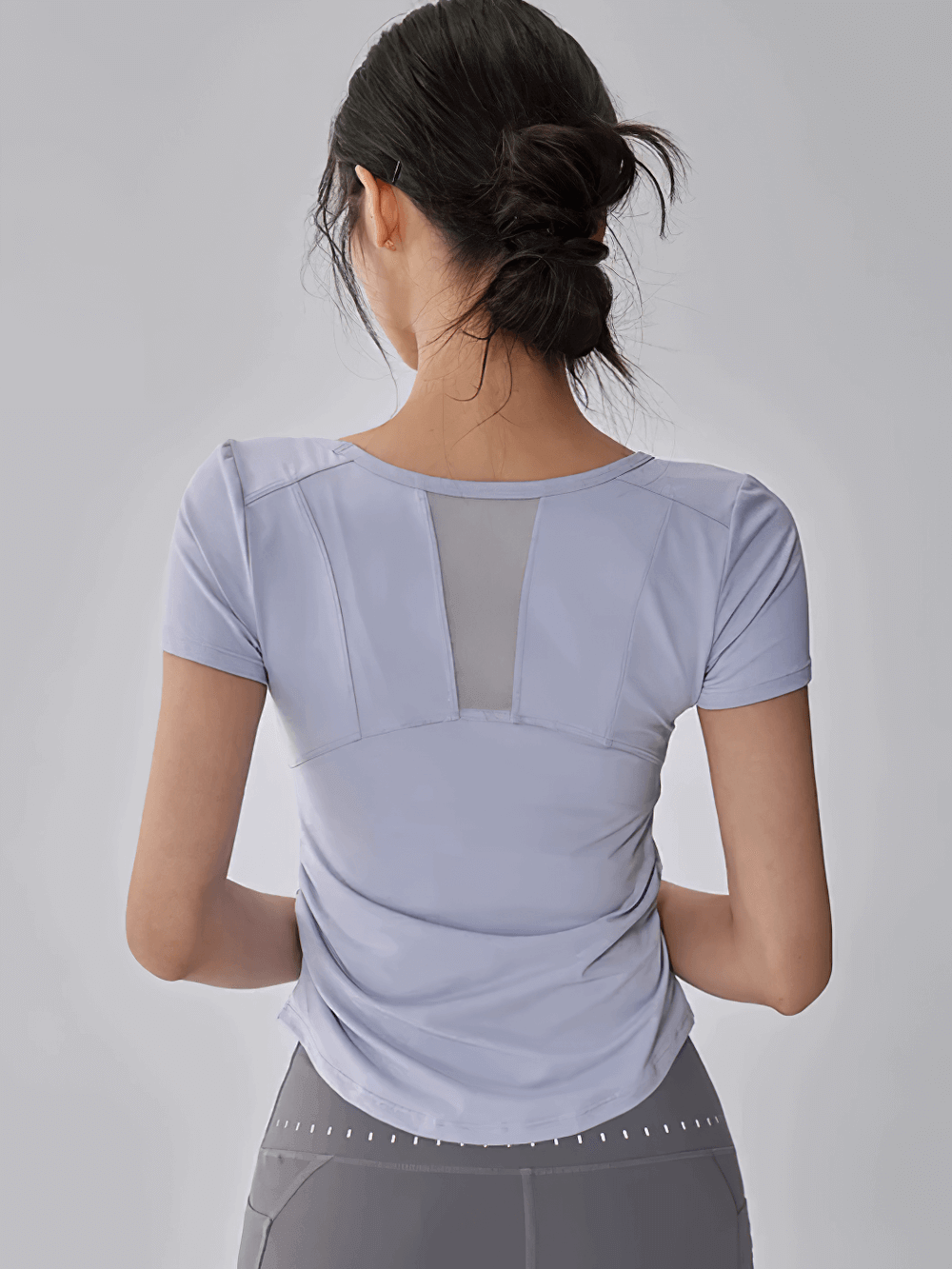 Alt Tag: Female Breathable Mesh Back Short Sleeve T-Shirt - SF4376 lavender women’s yoga training tee with breathable mesh back panel