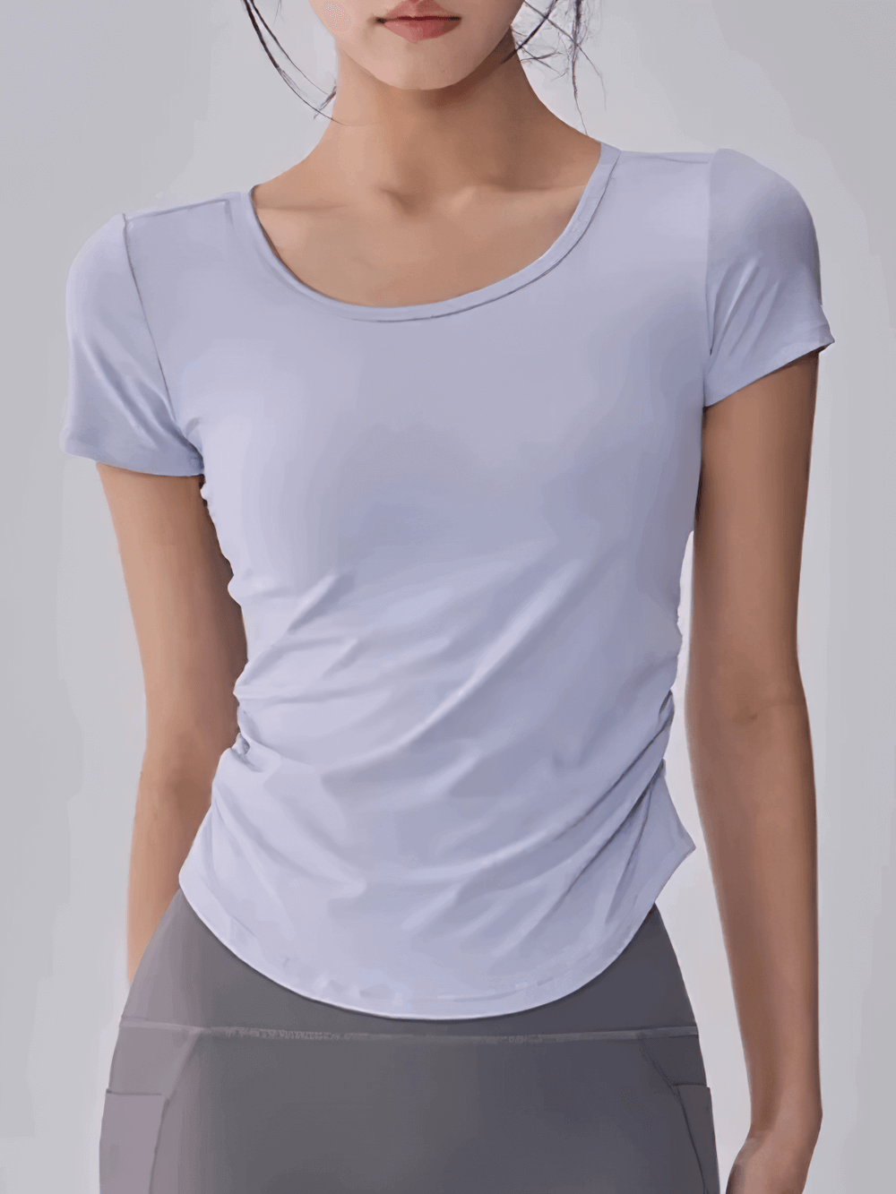 Alt Tag: Female Breathable Mesh Back Short Sleeve T-Shirt - SF4376 women's lightweight yoga training tee, short sleeve scoop neck, lavender