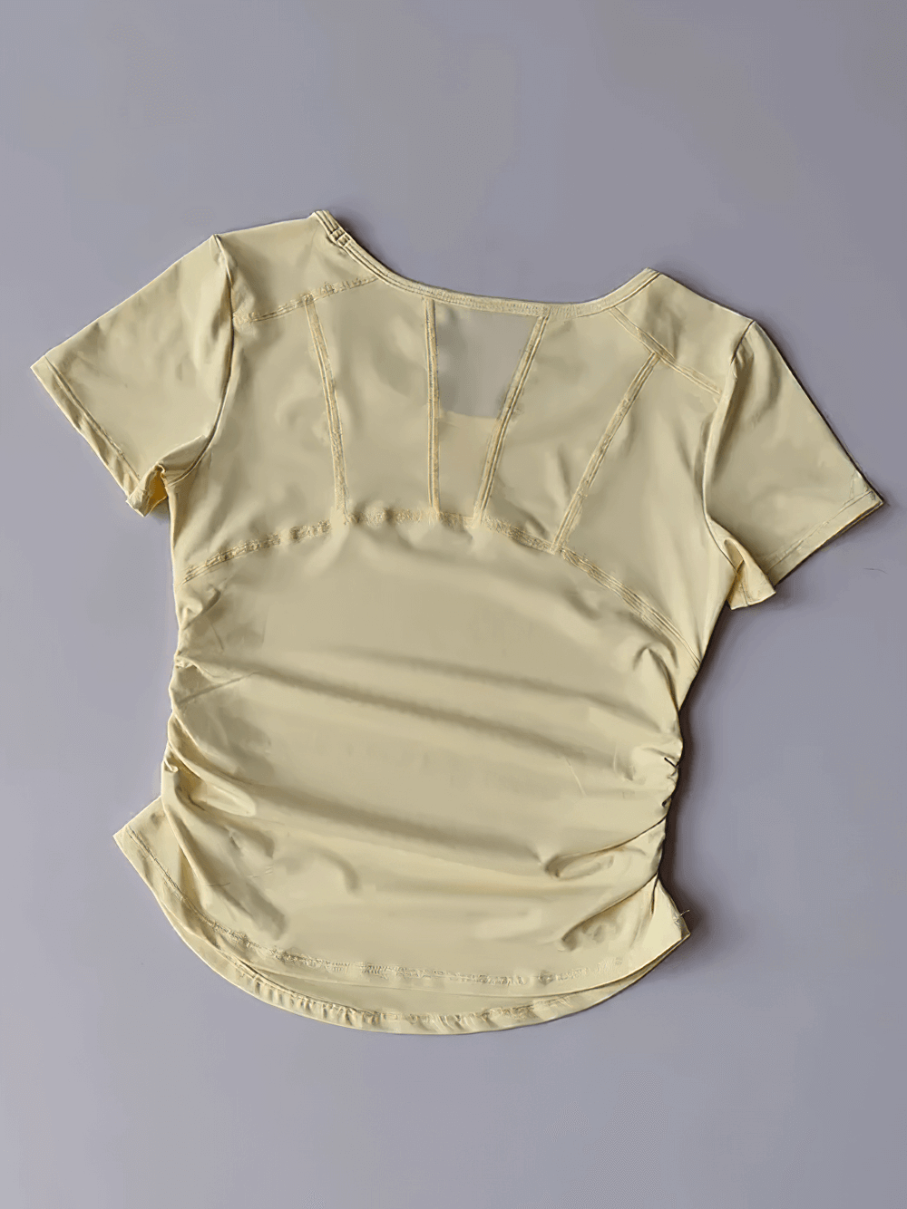 Alt Tag: Female Breathable Mesh Back Short Sleeve T-Shirt - SF4376 butter yellow women’s yoga training tee with mesh back and side ruching