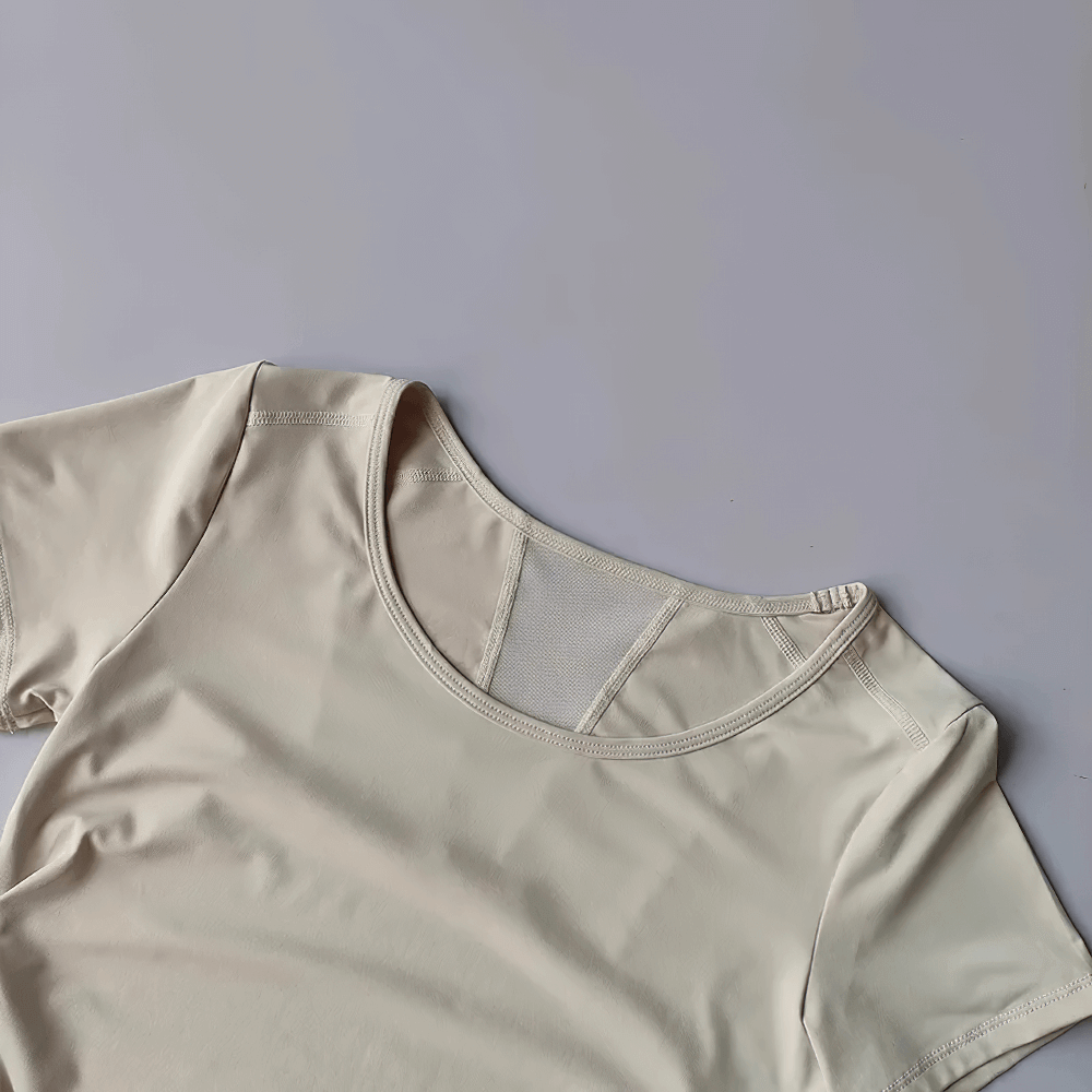 Alt Tag: Female Breathable Mesh Back Short Sleeve T-Shirt - SF4376 ivory yoga training tee with back mesh panel and scoop neck