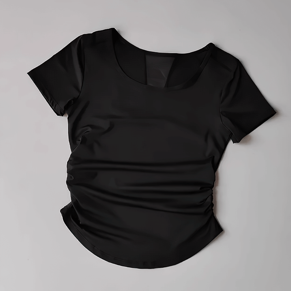 Alt Tag: Female Breathable Mesh Back Short Sleeve T-Shirt - SF4376 black women’s lightweight yoga training tee with side ruching