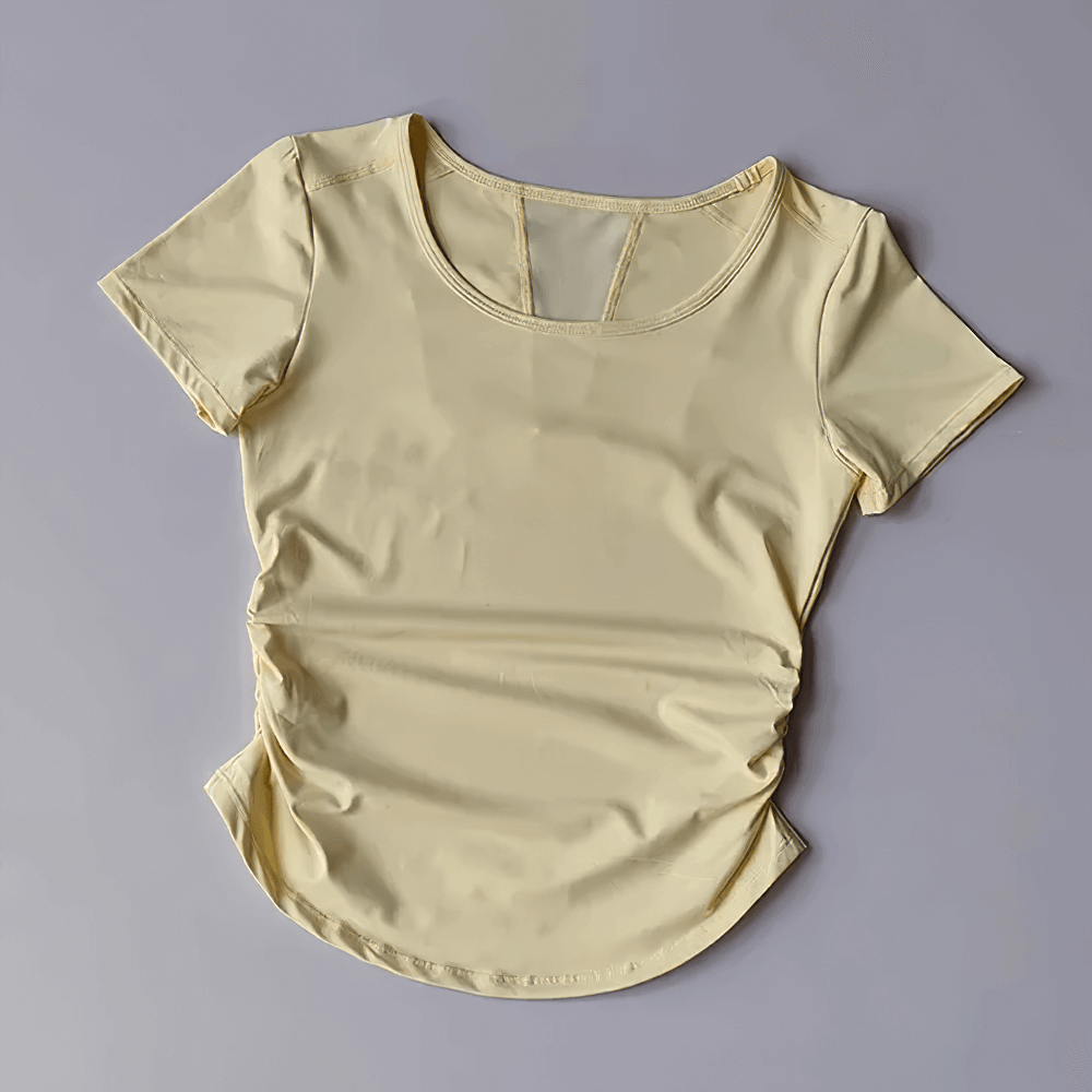 Alt Tag: Female Breathable Mesh Back Short Sleeve T-Shirt - SF4376 butter yellow women’s yoga training top with scoop neck and side ruching