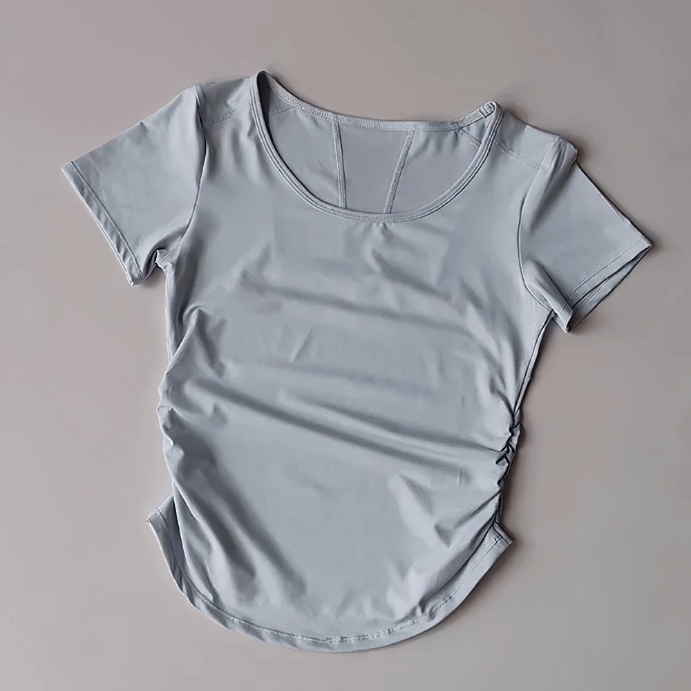 Alt Tag: Female Breathable Mesh Back Short Sleeve T-Shirt - SF4376 women's lightweight yoga training tee with side ruching, short sleeves