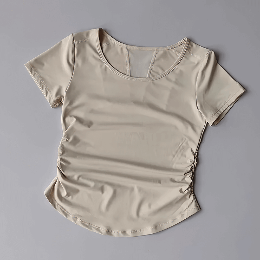 Alt Tag: Female Breathable Mesh Back Short Sleeve T-Shirt - SF4376 ivory women’s yoga training tee with scoop neck, side ruching, lightweight stretch