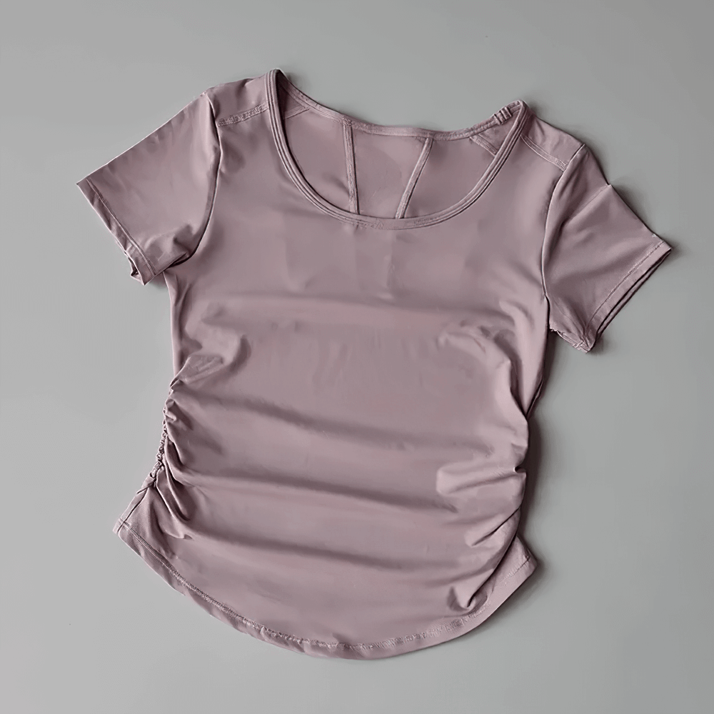 Alt Tag: Female Breathable Mesh Back Short Sleeve T-Shirt - SF4376 lavender women’s yoga training tee with scoop neck, side ruching