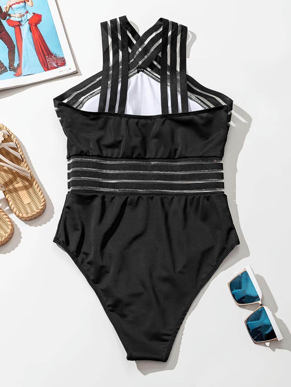 Female Cross Front Mesh Tape One Piece Swimsuit - SF4648 in black with mesh tape and stylish straps.