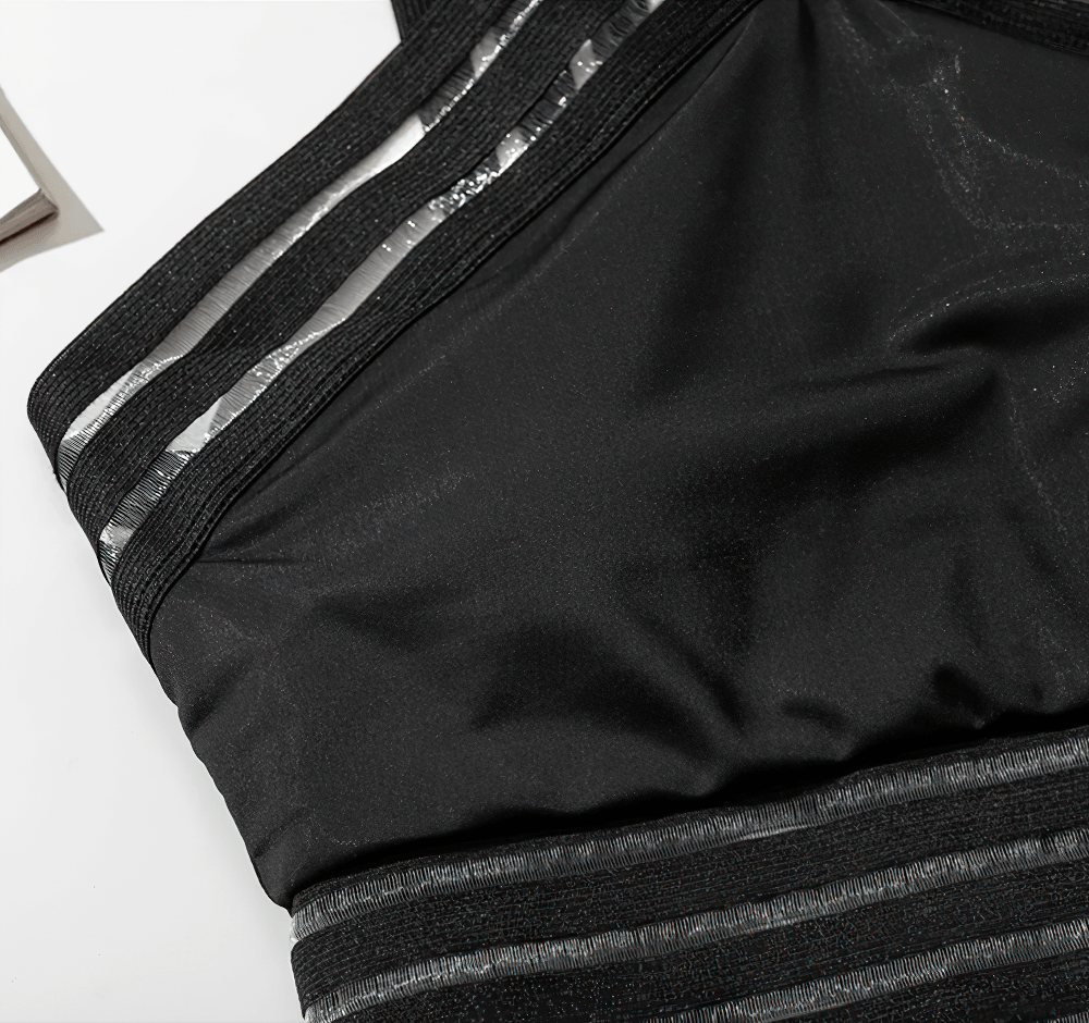 Female Cross Front Mesh Tape One Piece Swimsuit - SF4648 featuring sleek black fabric and stylish mesh tape details.