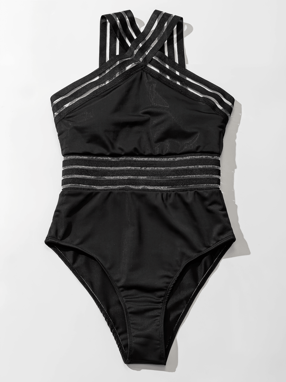 Female Cross Front Mesh Tape One Piece Swimsuit - SF4648 in black with stylish cross straps and mesh tape detail.