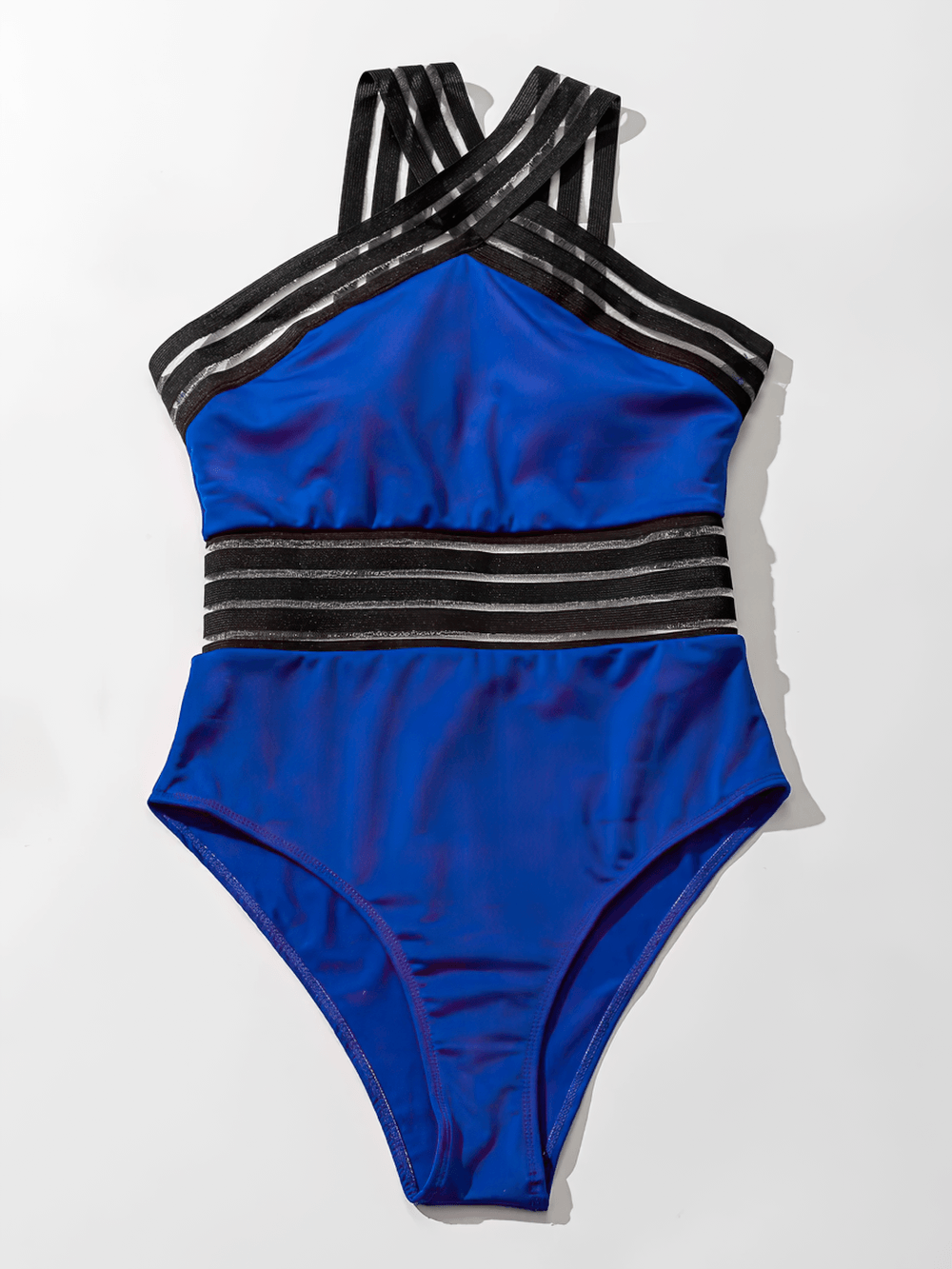 Female Cross Front Mesh Tape One Piece Swimsuit - SF4648 in vibrant blue with stylish black mesh tape detailing.