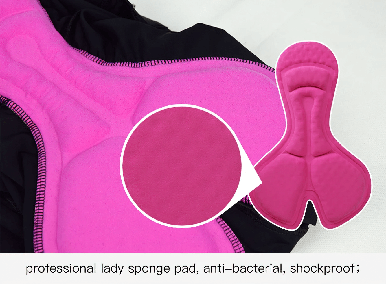 Close-up of pink shockproof lady sponge pad for women's cycling bib shorts, antibacterial and ergonomic design.