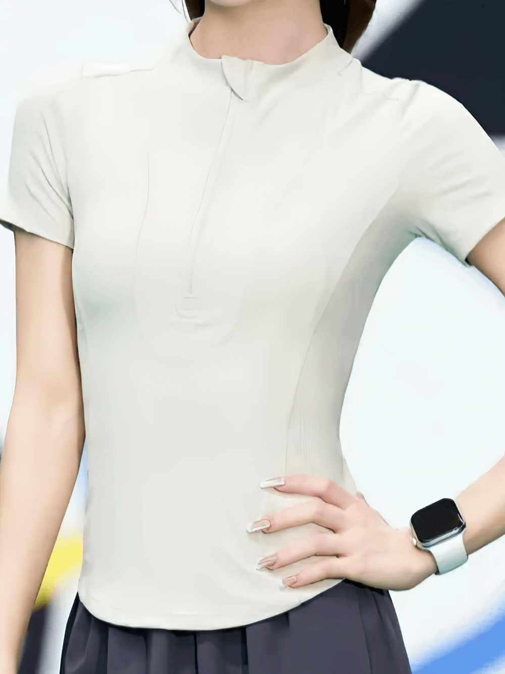 Alt Tag: Female Elastic Quarter Zip Training T-Shirt - SF4453 lightweight short sleeve mock neck quarter zip active top on model