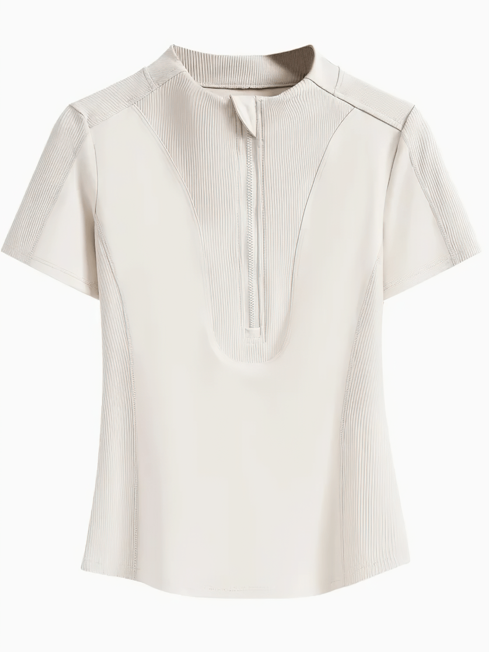 Alt Tag: Female Elastic Quarter Zip Training T-Shirt - SF4453 lightweight short sleeve mock neck zip active top with ribbed panels