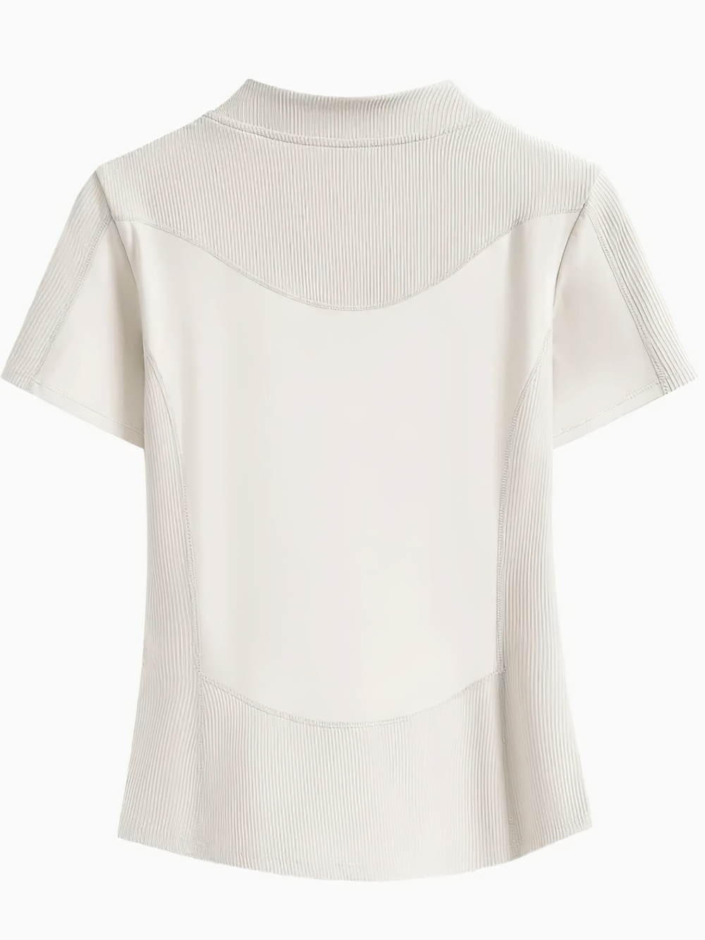 Alt Tag: Female Elastic Quarter Zip Training T-Shirt - SF4453 back view, lightweight short sleeve mock neck ribbed panel workout tee