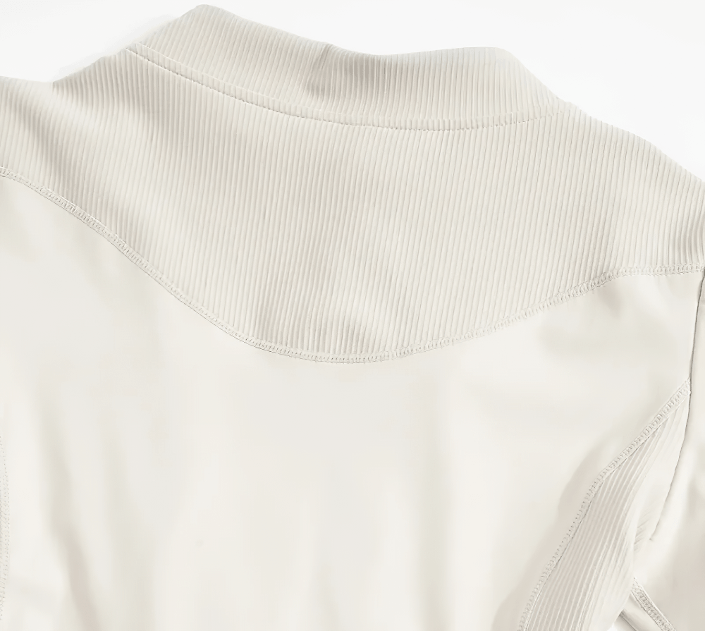 Alt Tag: Female Elastic Quarter Zip Training T-Shirt - SF4453 close-up of ribbed mock neck panel, lightweight stretchy nylon-elastane active tee