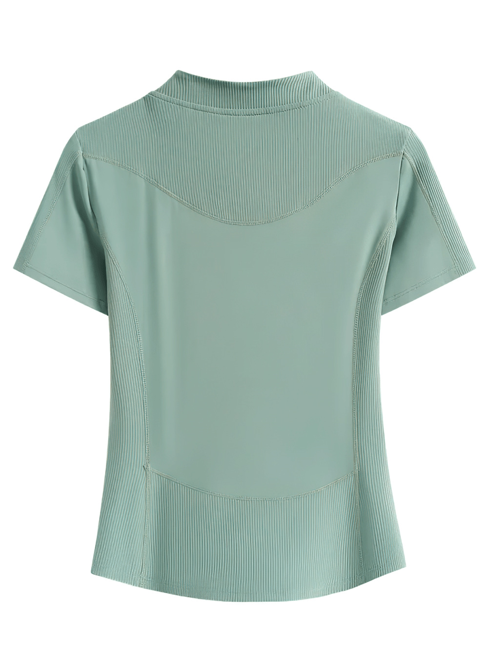 Alt Tag: Female Elastic Quarter Zip Training T-Shirt - SF4453 sage lightweight short sleeve ribbed panel active top, back view