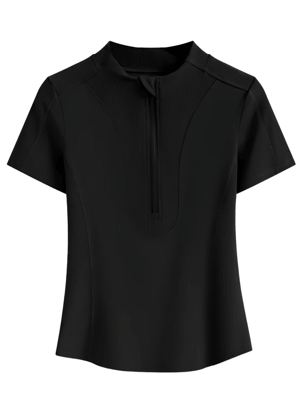 Alt Tag: Female Elastic Quarter Zip Training T-Shirt - SF4453 black short sleeve lightweight mock neck zip workout top, breathable stretch fit