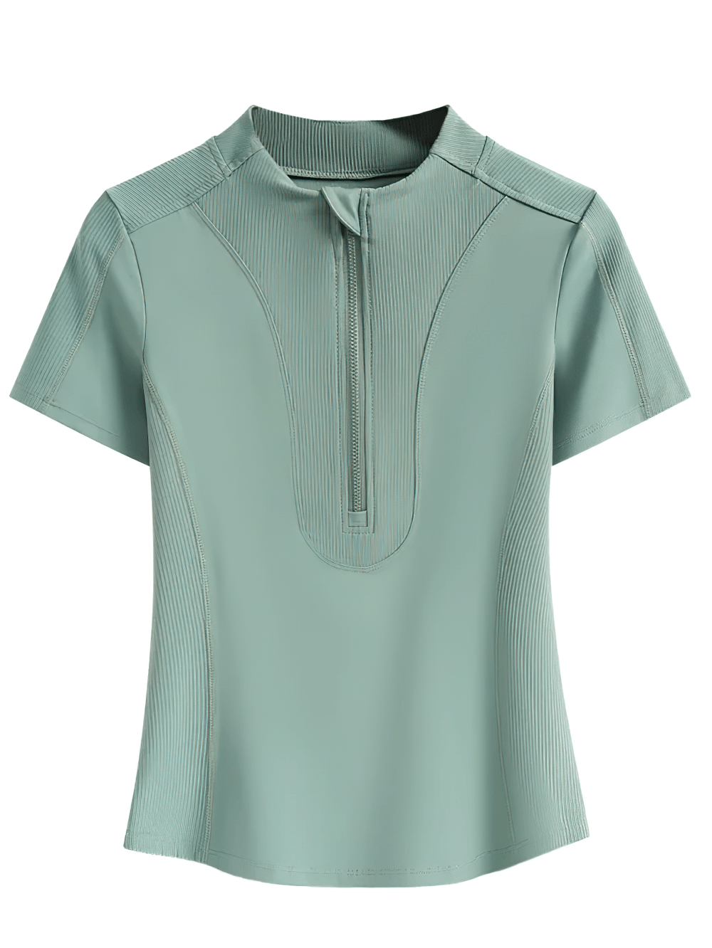 Alt Tag: Female Elastic Quarter Zip Training T-Shirt - SF4453 sage lightweight short sleeve mock neck zip workout tee with ribbed panels