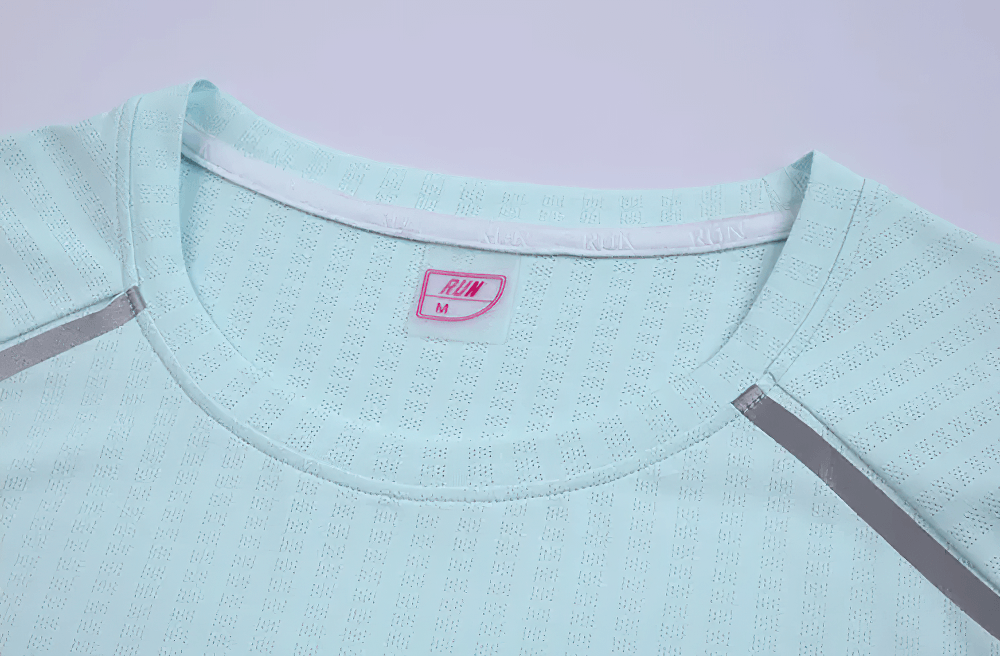 Alt Tag: Female Elastic Running T-Shirt with Split Back - SF4437 light blue mesh crew neck with shoulder stripe accents, women’s gym running top