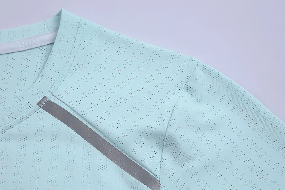 Alt Tag: Female Elastic Running T-Shirt with Split Back - SF4437 close-up of shoulder stripe detail on breathable short-sleeve gym top