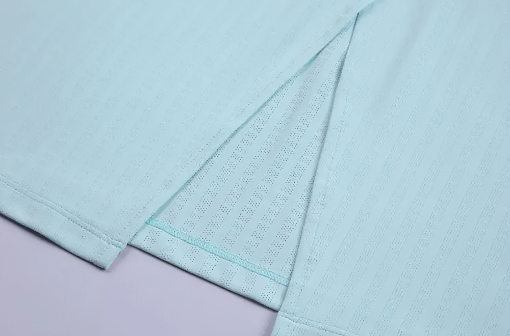 Alt Tag: Female Elastic Running T-Shirt with Split Back - SF4437 close-up of split back detail, breathable polyester fabric, women’s gym top