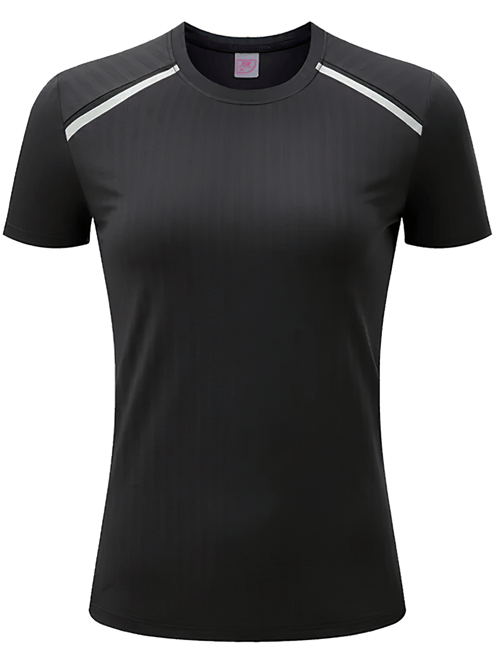 Alt Tag: Female Elastic Running T-Shirt with Split Back - SF4437 black short-sleeve women’s gym running tee with round neck and shoulder stripe accents