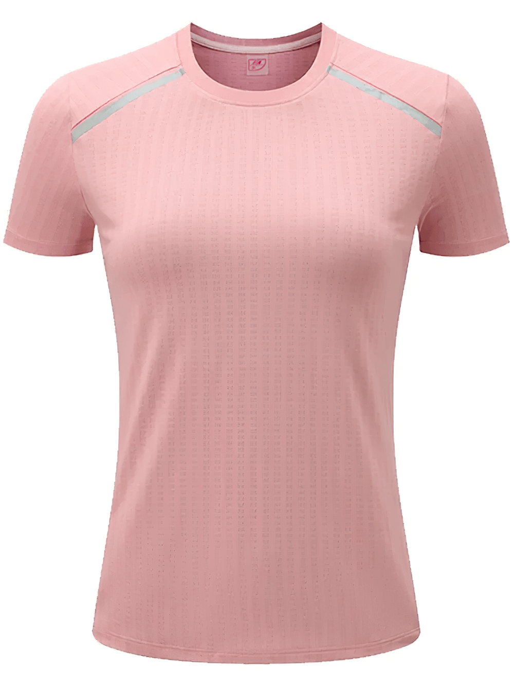 Alt Tag: Female Elastic Running T-Shirt with Split Back - SF4437 pink short-sleeve women’s athletic top with round neck and shoulder stripe accents