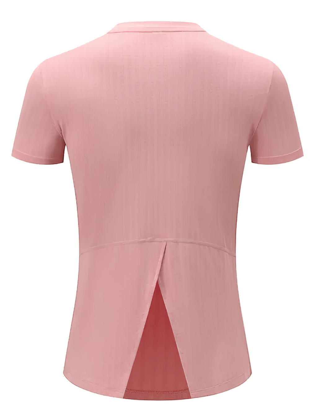 Alt Tag: Female Elastic Running T-Shirt with Split Back - SF4437 back view, pink short-sleeve gym running top with split back detail