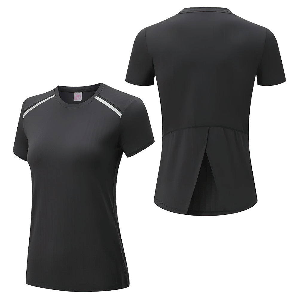 Alt Tag: Female Elastic Running T-Shirt with Split Back - SF4437 black women’s short-sleeve gym top, shoulder stripes, round neck, split back view