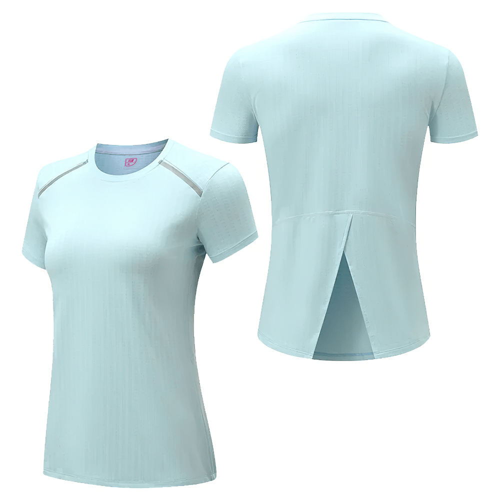 Alt Tag: Female Elastic Running T-Shirt with Split Back - SF4437 light blue women’s short-sleeve gym top, front and back view with split back