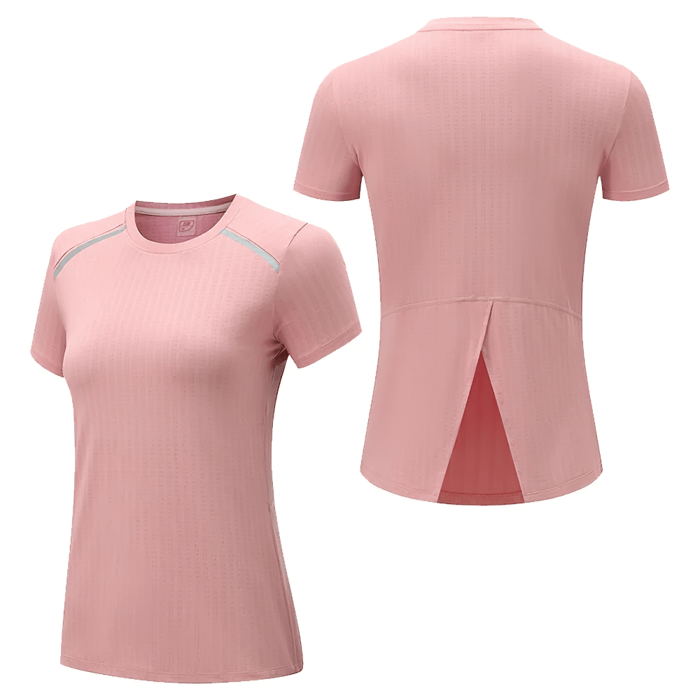 Alt Tag: Female Elastic Running T-Shirt with Split Back - SF4437 pink short-sleeve women’s gym top, round neck, shoulder stripes, split back