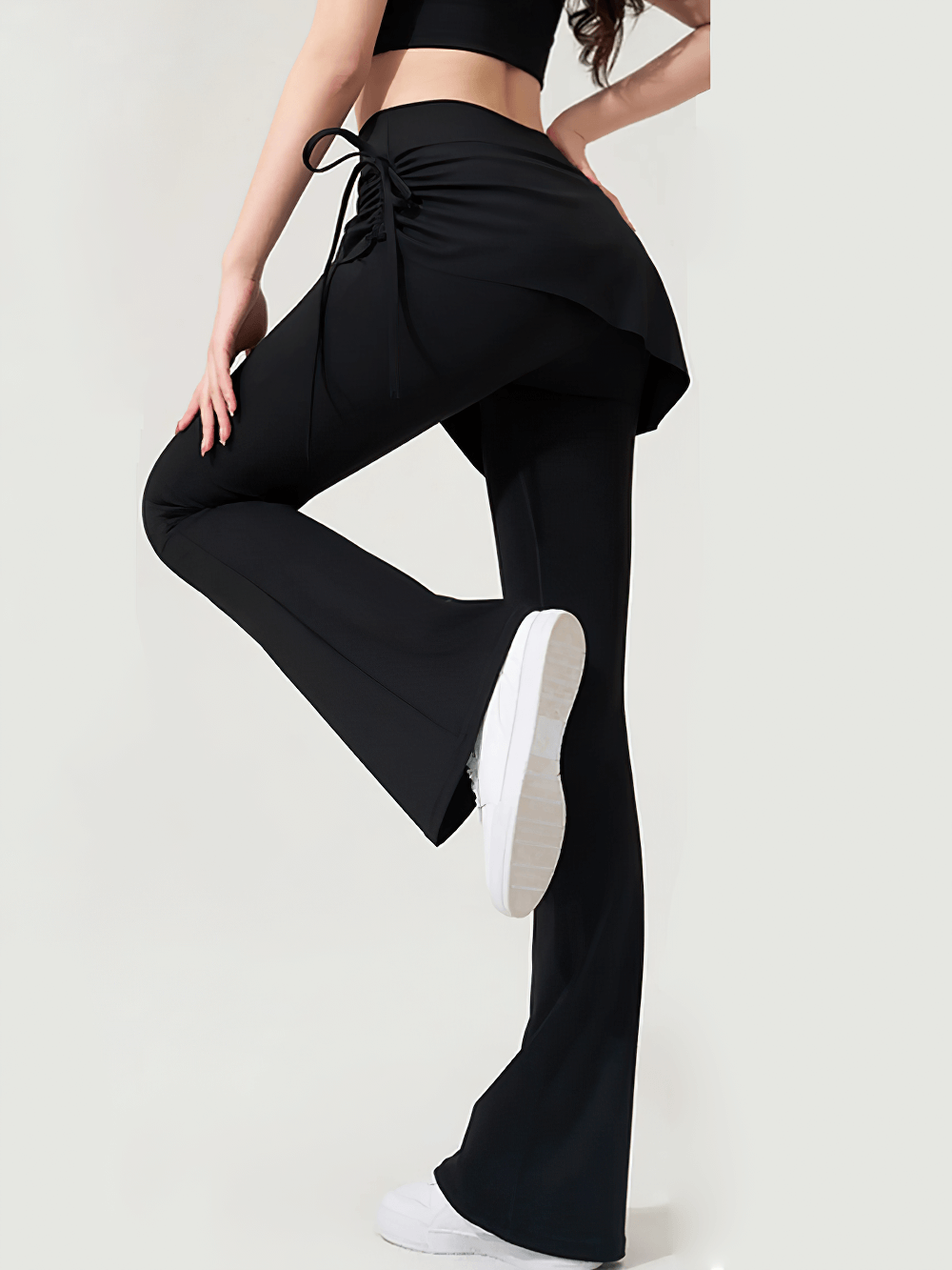 Female Elastic Skirted Bell Bottom Yoga Leggings - SF4406 black ruched drawstring skirted flare yoga pants for dance and daily wear