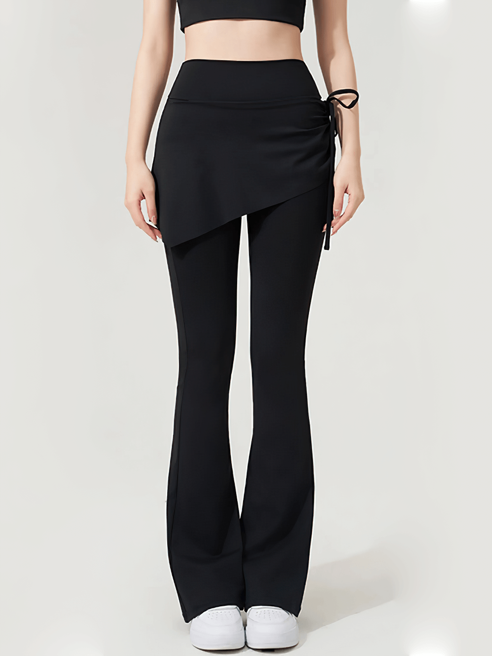 Alt Tag: Female Elastic Skirted Bell Bottom Yoga Leggings - SF4406 black wrap mini skirt overlay flared yoga leggings ruched side drawstring