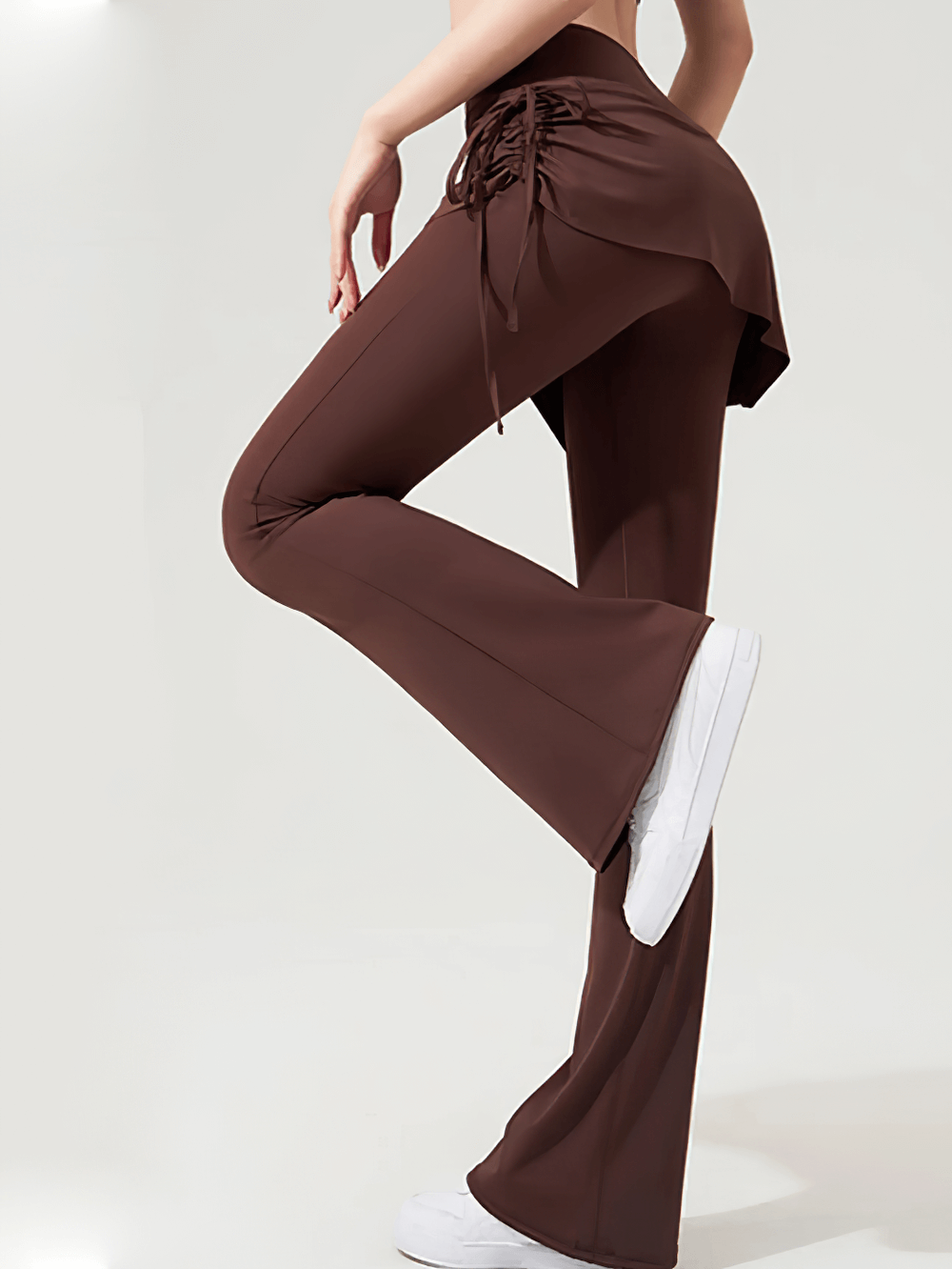 Alt Tag: Female Elastic Skirted Bell Bottom Yoga Leggings - SF4406 brown ruched drawstring wrap skirt flare yoga leggings side view