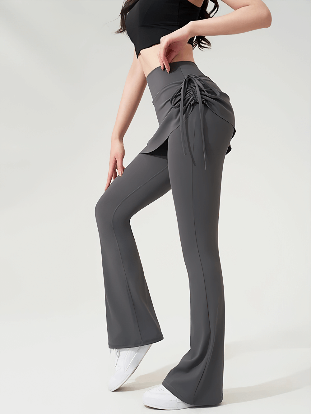 Alt Tag: Female Elastic Skirted Bell Bottom Yoga Leggings - SF4406 gray wrap mini skirt leggings with ruched drawstring flare fit