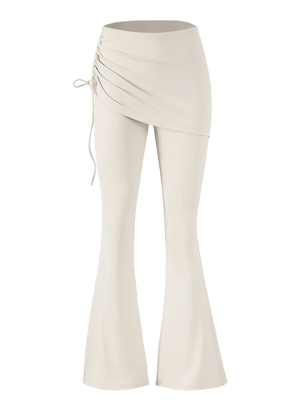 Alt Tag: Female Elastic Skirted Bell Bottom Yoga Leggings - SF4406 ivory wrap mini skirt flare leggings with ruched drawstring