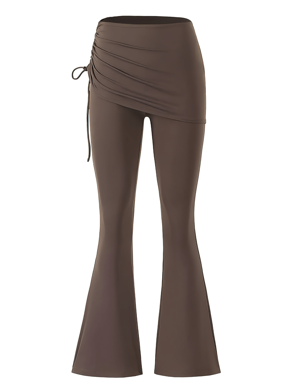 Alt Tag: Female Elastic Skirted Bell Bottom Yoga Leggings - SF4406 black ruched wrap mini skirt overlay with flared bell-bottom leggings