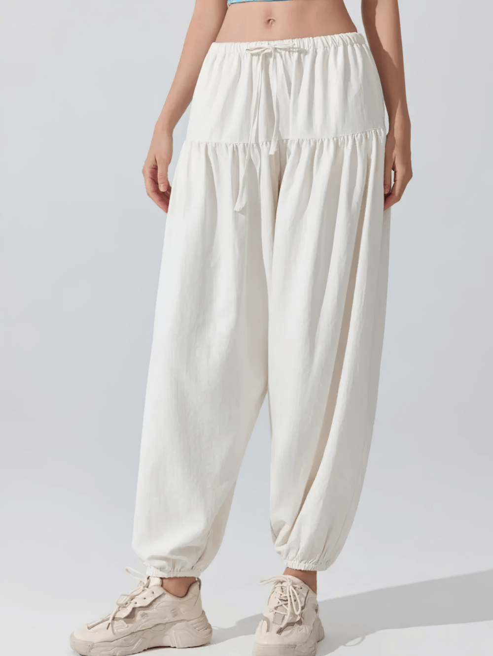 Alt Tag: Female Elastic Waist Harem Jogger Yoga Pants - SF4307 white loose full-length harem joggers with elastic waist and gathered cuffs